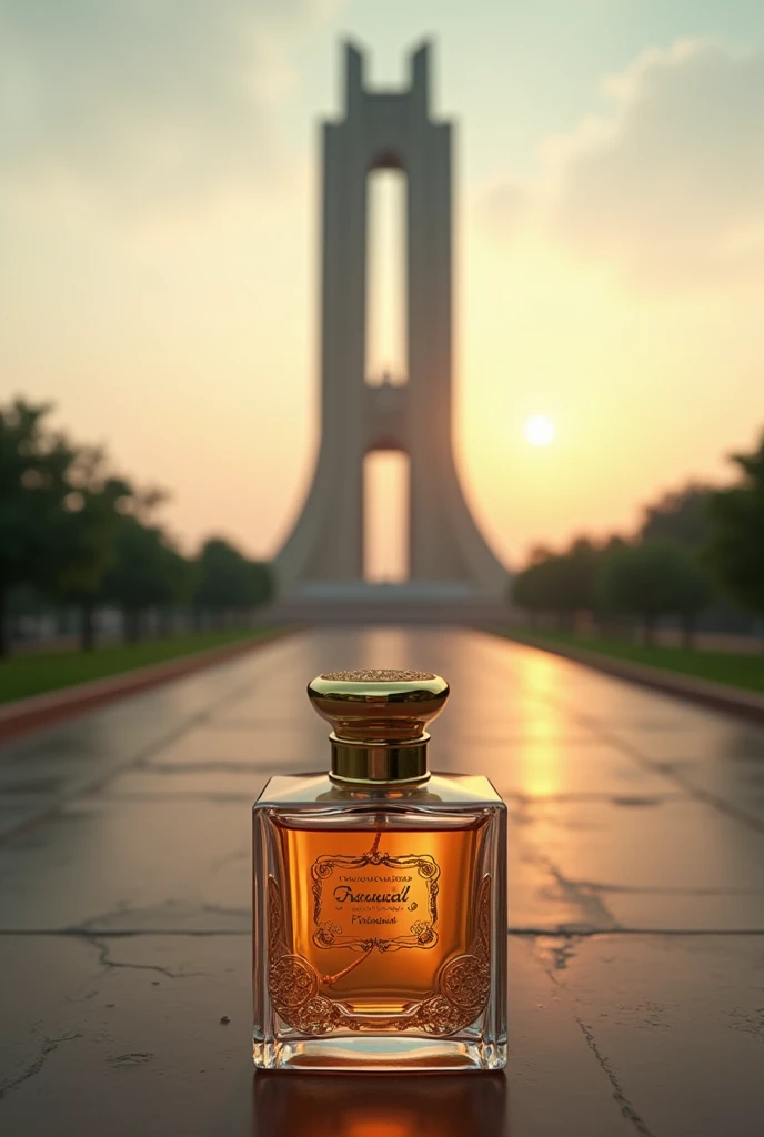 Perfume in front of quaid e azam monument and theme of pakistan independence.