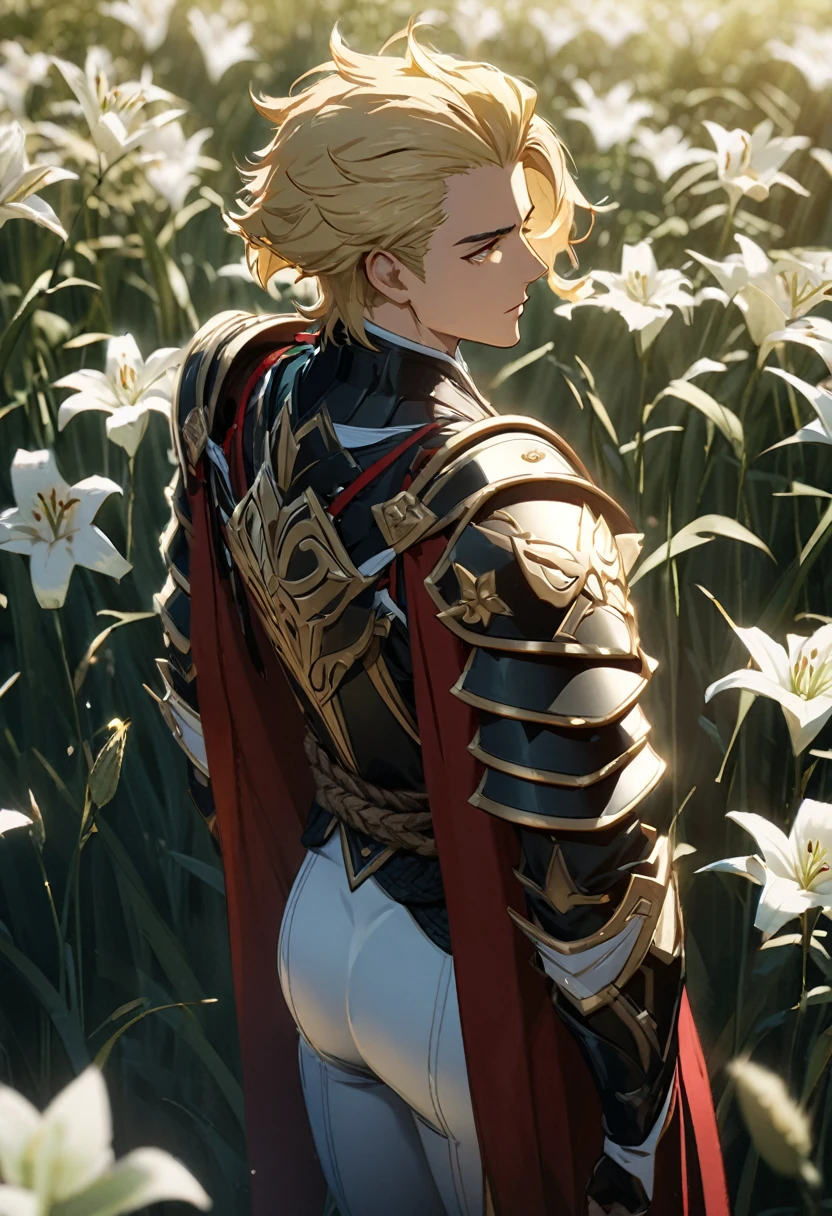 ((solo)), (man), tired face, gold eyes, (blonde hair), short hair, hair slicked back, wavy hair, (mature), (adult), white spandex suit, red cape, superhero aesthetic, gold tints on clothing, NO ARMOUR, in a wheat field, lilies, detailed key anime art, honkai star trail character, casimir art, masamune shiro, masamune, ((handsome)), handsome guy in demon slayer art, genshin, heise jinyao, shadowverse style, (no logos), flower field, (detailed samurai armor), eye reflection, shiny hair, depth of field, cinematic lighting, ray tracing, depth of field, cinematic lighting, ray tracing, UHD, high details, best quality, highres, high quality, award winning, super detail, masterpiece, 8k, UHD, high details, best quality, highres, high quality, award winning, super detail, masterpiece, 8k

