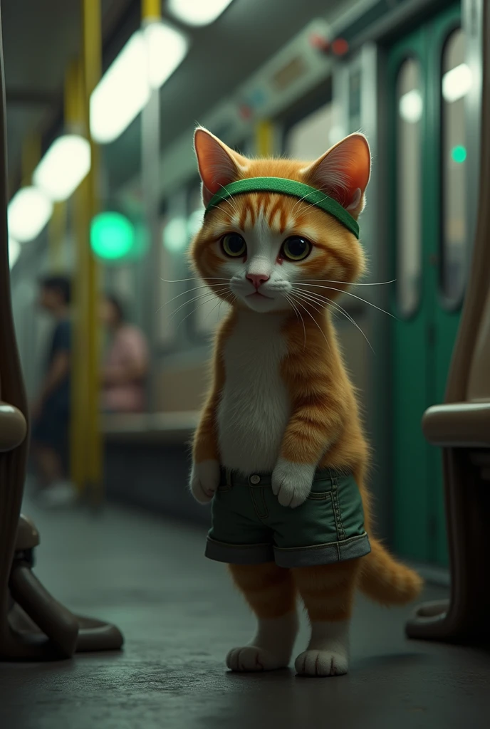 "An ultra-realistic anthropomorphic cat, shorts a green headband, the scene with sumaleta about to get on a train, evening, Low lights, 4K resolution.