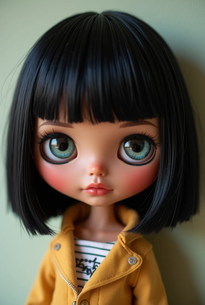blythe doll with short black hair without bangs, sardines and brown skin
