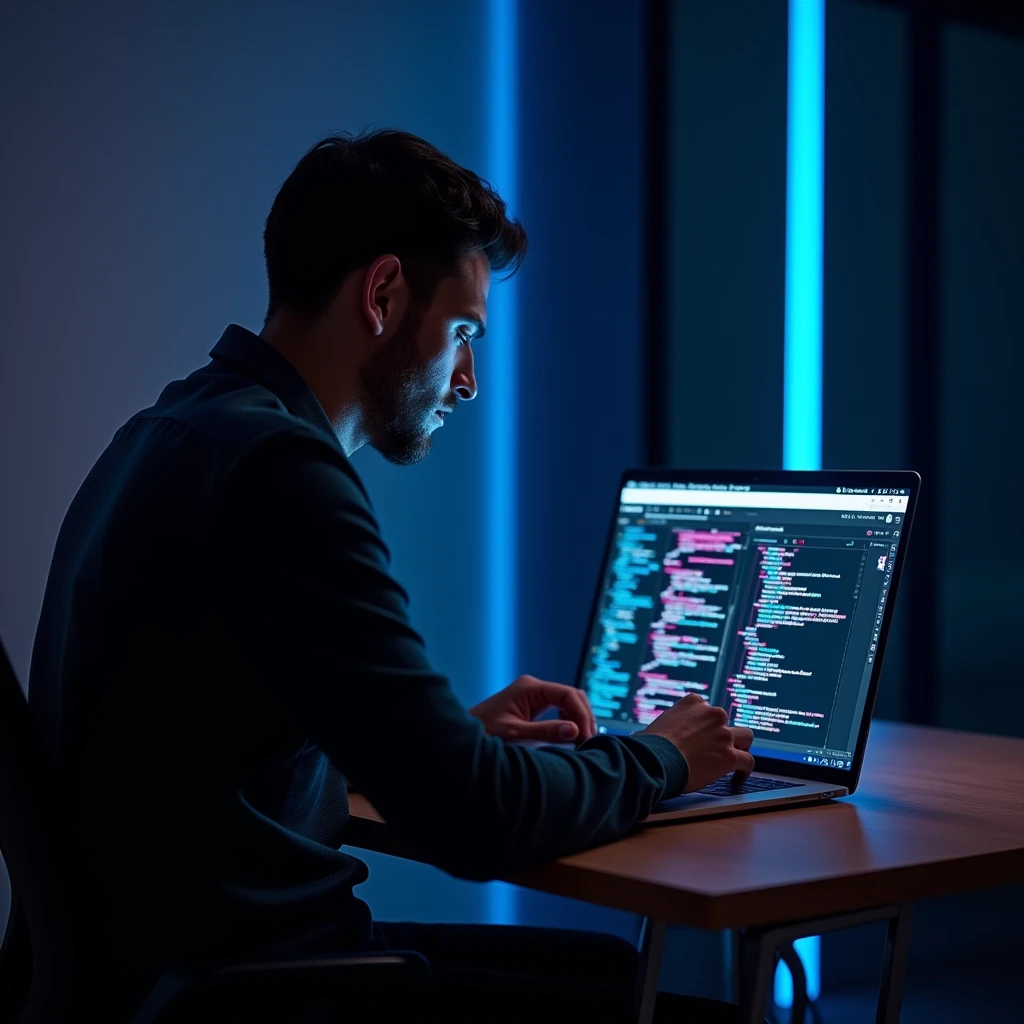 Create an image that fits a modern, sleek website design, featuring a man working on a laptop. The man should be in a minimalistic, well-lit environment, with a clear focus on the laptop screen, which displays a web interface with code, design elements, or a modern website layout. The color palette of the image should match the dark background and vibrant highlights of the website. Include subtle neon or blue lighting that reflects off the laptop screen, adding a tech-savvy, futuristic feel to the scene. The overall atmosphere should convey professionalism in web development and design, aligning with the theme of digital innovation and front-end development.