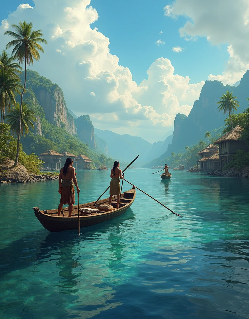 indigenous people fishing in an ocean, a town on the river bank, in pre-Hispanic times, The wooden boats with the indigenous people with spears and the town with indigenous houses floating on the water

