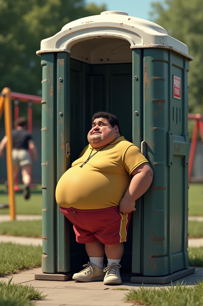 Fat Albert clutching his crotch,waiting in the porta potty, a rear view of Jack Black peeing, park, playground
