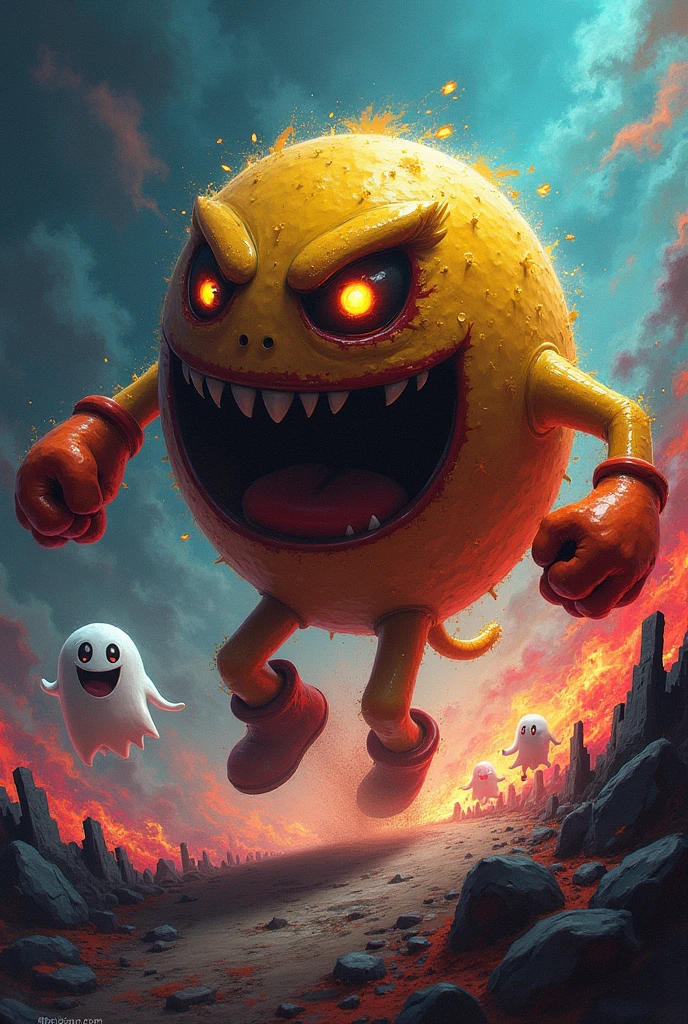 A pacman image, evil chasing ghosts, a multi-colored but scary background