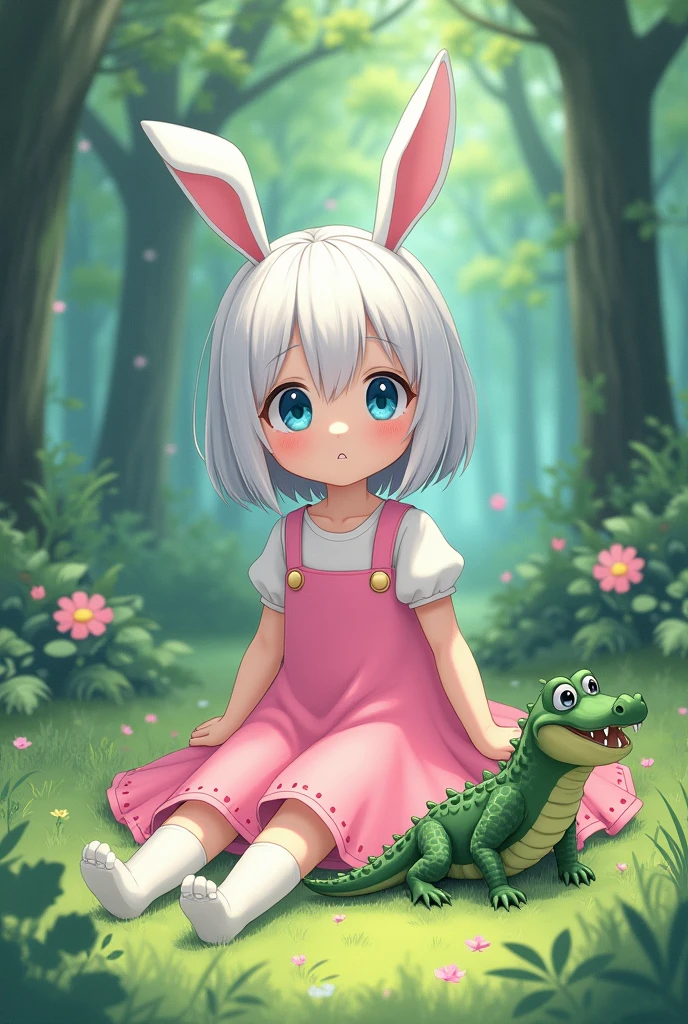Anime girl girl with short white hair, all pink dress,WHITE SOCKS,blue eyes,white rabbit ears,white in a forest and with a crocodile
