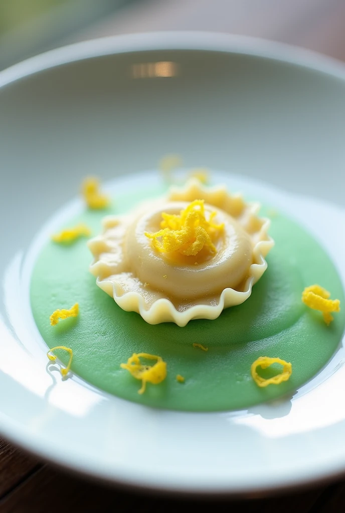 I want to create a dish that has a ravioli on a scoop of mint foam and lemon zest on top.
