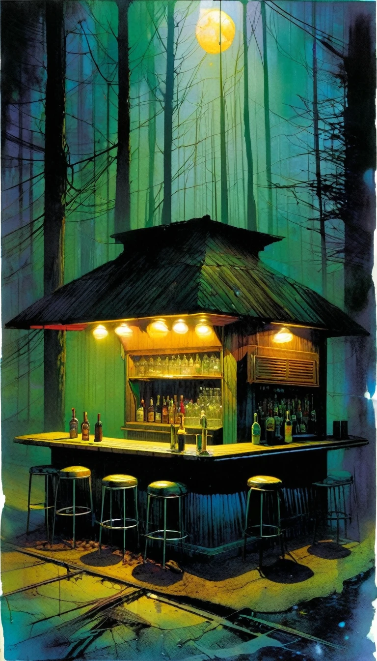 abandoned roadside bar, art inspired by Bill Sienkiewicz and Dave Mckean.
