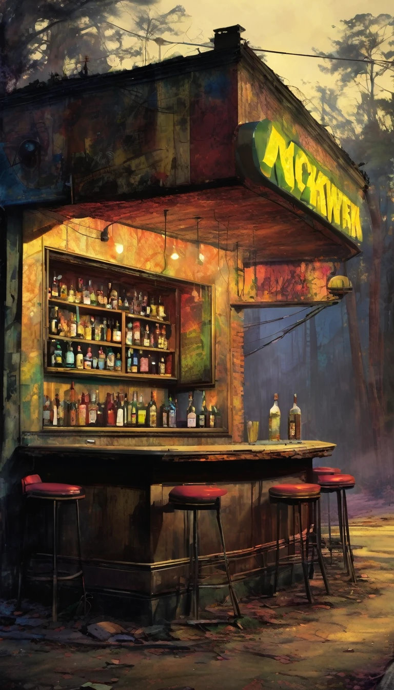 abandoned roadside bar, art inspired by Bill Sienkiewicz and Dave Mckean.