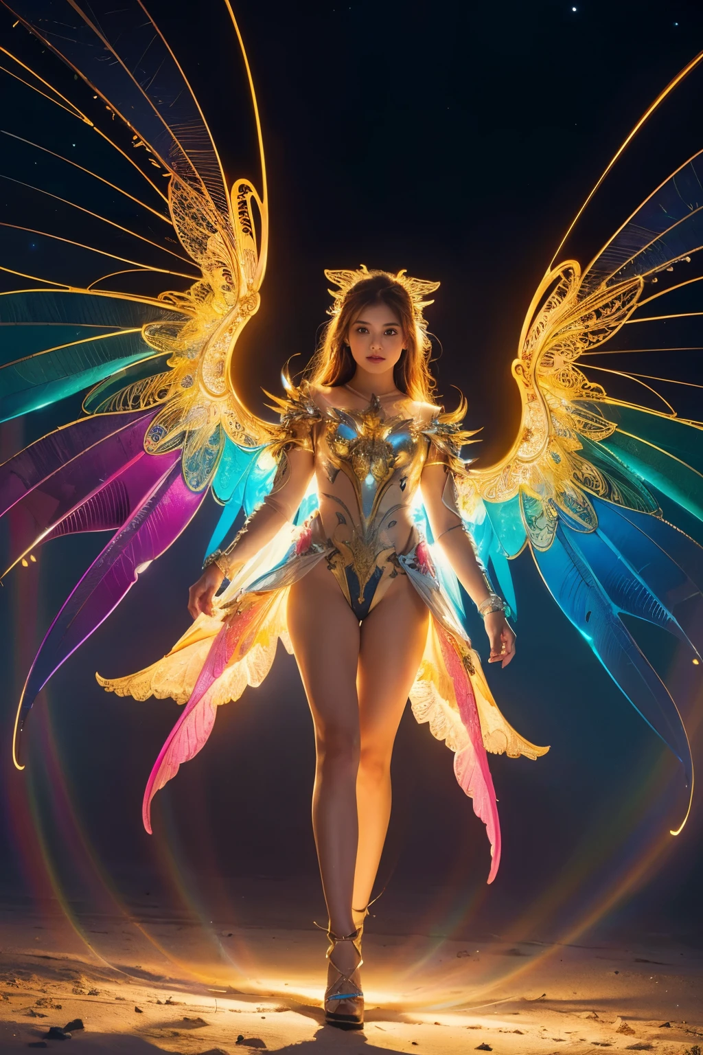 (best quality, masterpiece, colorful, dynamic angle, from below, highest detailed)upper body photo, full body photo, fashion photography of cute mechangel, glowing 4 wings, solo, glowing armor, glowing halo, building, glowing mechanical 4 wings (intricate details, hyperdetailed:1.15), detailed, light passing through hair, (official art, extreme detailed, highest detailed), HDR+