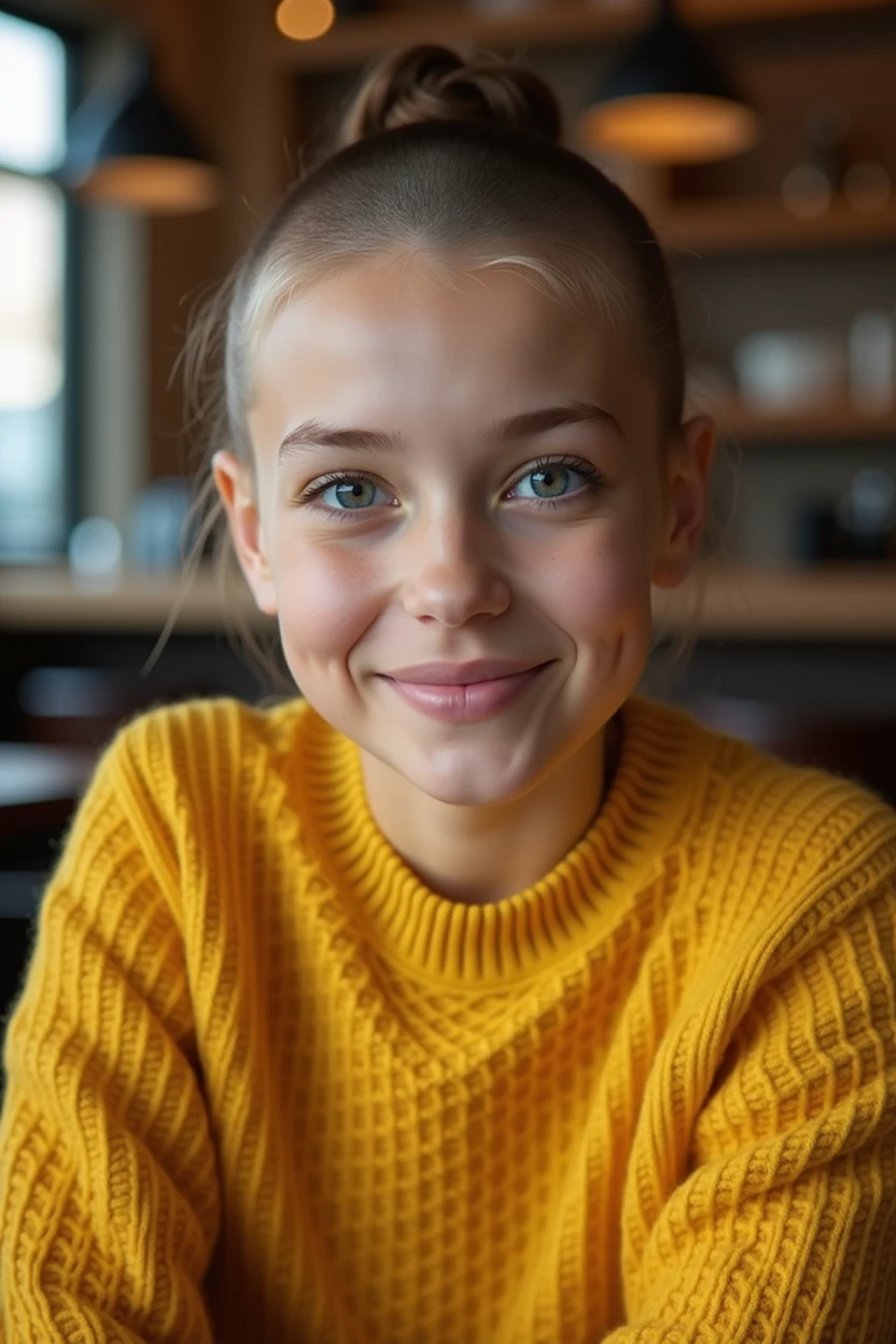 Cute dark blonde in yellow sweater "old money style"(A at restaurant), Very detailed, 21 years old, innocent face, shaved hair , Blue eyes, high resolution, Masterpiece, Best quality, intricate details, Very detailed, sharp focus, detailed skin, realistic skin texture, texture, detailed eyes, professional, 4k, beautiful smile, shot on Canon, 85mm, shallow depth of field, Kodak Vision Color, body in perfect shape, extremely detailed, Photo_(ultra), Photorealistic, realistic, Post-processing, maximum detail, roughness, real life, ultra realistic, Photorealism, Photography, 8k hd, Photography