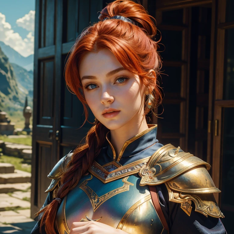 (masterpiece, best quality:1.5), highest quality, High resolution, super detailed, Realists, Upper body photo of a red-haired warrior , detailed and beautiful eyes, beautiful detailed lips, very detailed eyes and face, longeyelashes, Warrior in noble armor made of shiny satin fabric, Noble details on the armor. Beautiful and colorful makeup, ponytail hairstyle, Gardens as background, soft daylight, bright colors, fine brushstrokes, Portrait style, beautiful color palette, glowing skin, First-class rendering, that captures every detail, enchanting atmosphere, subtle shadows and lights, (perfect anatomy:1.2), (The stunning warrior holds a richly decorated sword in her hand. (magnificent panorama view:1.2)