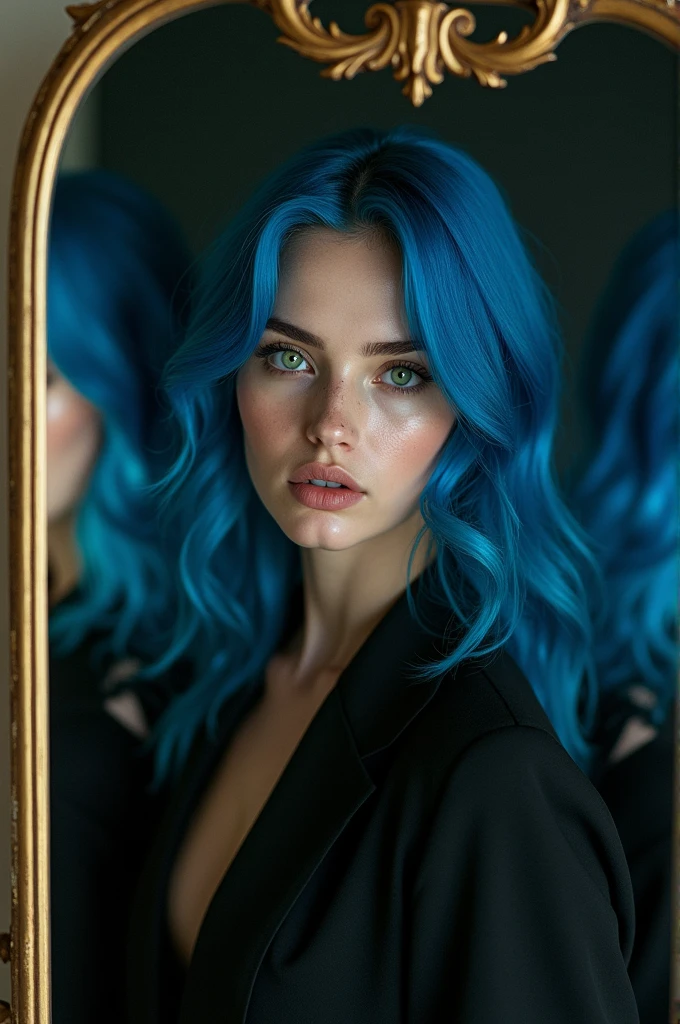 create a realistic image of a beautiful woman with big blue hair green eyes and freckles, taking a selfie in the mirror wearing black clothes