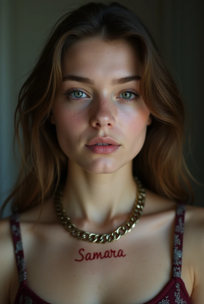 young adult woman wearing a collar with a chain and the name Samara written on it