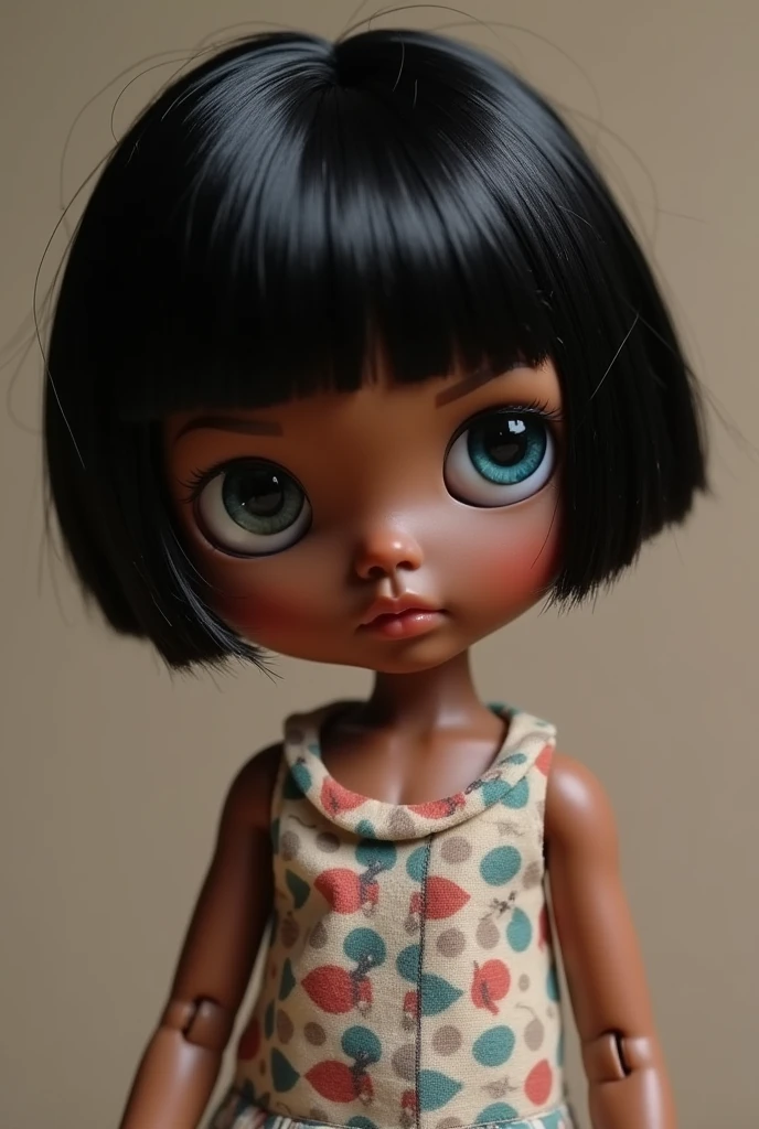 blythe doll with short black hair without bangs, sardines and dark skin