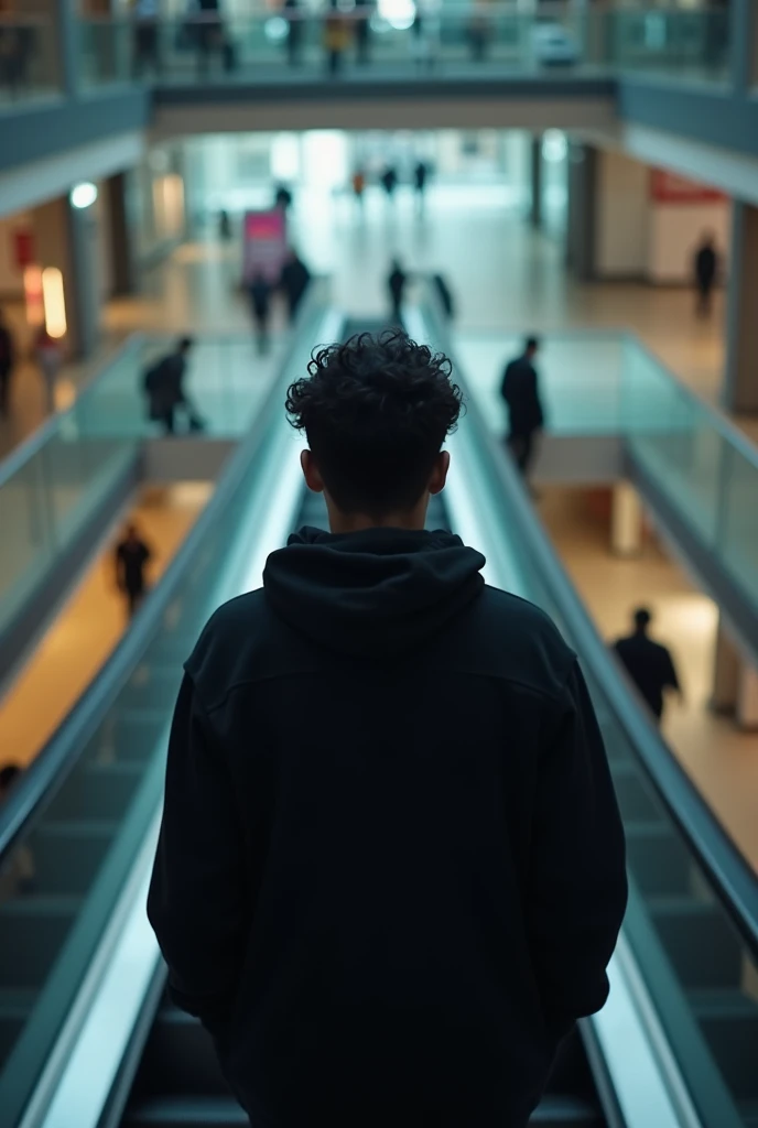 Give me a photo for my Instagram profile in which I want to be (person ) con sudadera subiendo una escalera electrica de un centro comercial y la foto tomada desde atrás de mi de mi espalda yo estoy con una sudadera negra que la person sea un poco morena cabello negro y espalda ancha, una person joven de 18 años y moreno, la foto un poco alejado la person que toma la foto mas lejos, la person que este un poco más gordita