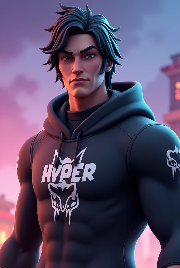 Fortnite Background with Male Fortnite Figure, Bblack hair, masculine face, with Hyper written on the shirt and a symbol of an animal bite on the shirt