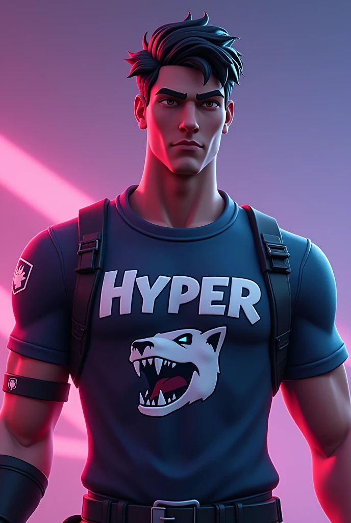 Fortnite Background with Male Fortnite Figure, Bblack hair, masculine face, with Hyper written on the shirt and a symbol of an animal bite on the shirt