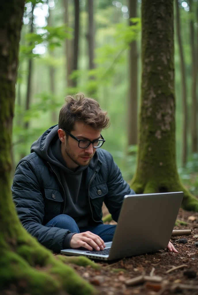 computer technician fixing laptop in a forest





