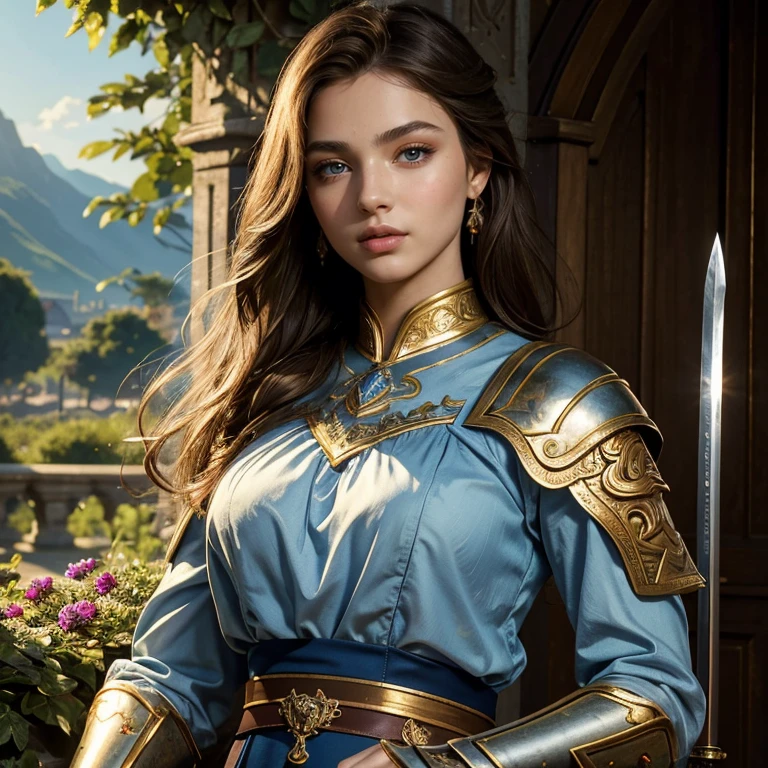 (masterpiece, best quality:1.5), highest quality, High resolution, super detailed, Realists, Upper body photo of a young brunette warrior , detailed and beautiful eyes, beautiful detailed lips, very detailed eyes and face, longeyelashes, Warrior in noble silver armor made of shiny blue satin fabric, Elegant details in the fabric. Beautiful and colorful makeup, Gardens as background, soft daylight, bright colors, fine brushstrokes, Portrait style, beautiful color palette, glowing skin, First-class rendering, that captures every detail, enchanting atmosphere, subtle shadows and lights, (perfect anatomy:1.2), (The stunning young warrior holds a richly decorated sword in her hand. (magnificent panorama view:1.2)