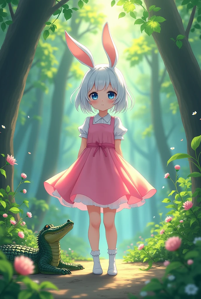Anime girl girl with short white hair, all pink dress,WHITE SOCKS,blue eyes,white rabbit ears,white in a forest and with a crocodile