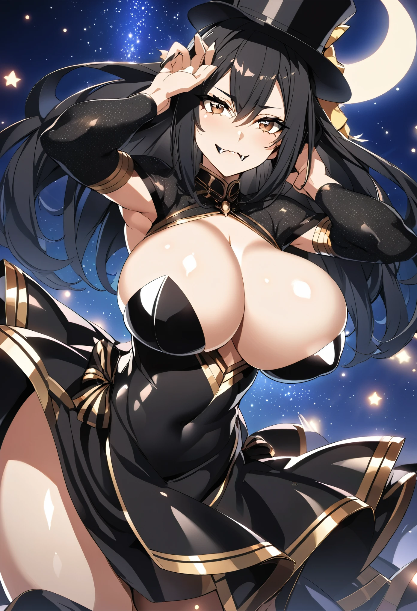 Anime image of a sexy woman, highly detailed, with big boobs, wide hips, perfect proportions, shiny black dress, brown eyes, black hair, top hat, small fangs, sharp fangs, blurred background, night, crescent moon, starry sky, NSFW, anime style, provocative look, sexy pose