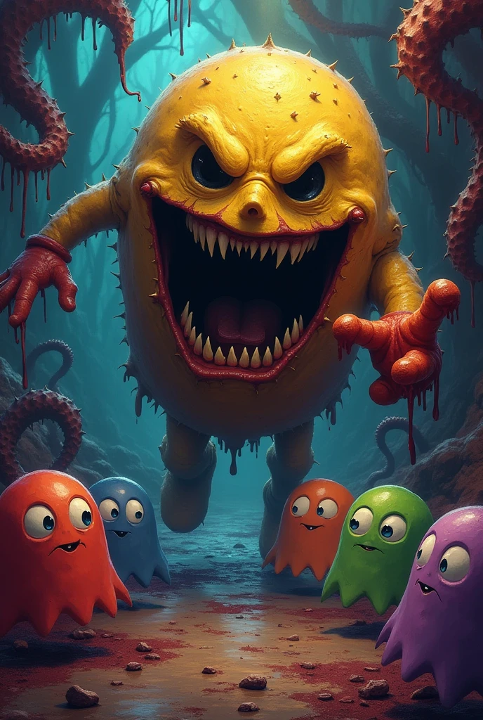 A pacman image, evil chasing the 6 ghosts, a multi-colored but scary background