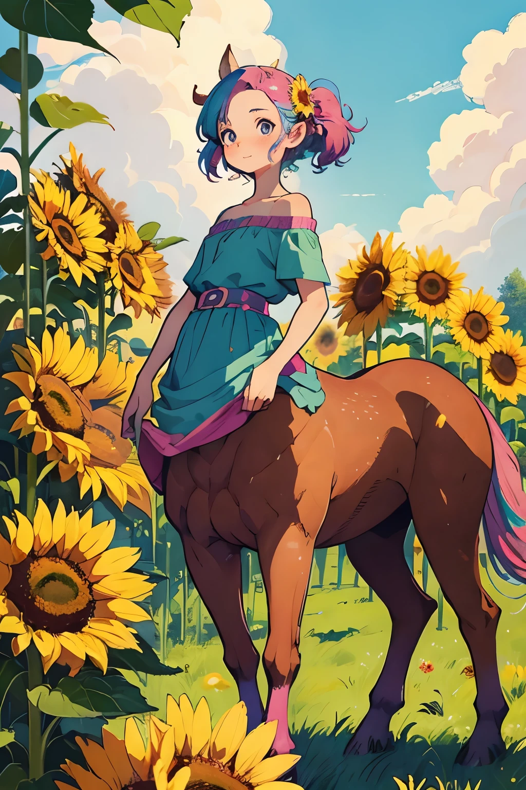 {masterpiece}, Highest quality, Very short stature，10 years old，Rainbow Hair, Vivid and colorful backgrounds, Whimsical and lively characters, Centaur，Fairies and magical creatures, sunflower，Brightly colored flowers and other natural elements, A fun and playful atmosphere or theme