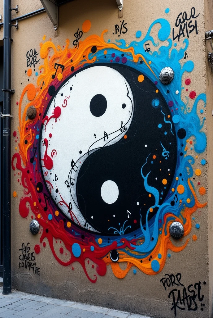 Graffiti with a Ying Yang theme of peace,harmony with music and related to racism and football. Also it is easy to recreate 