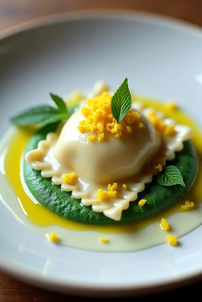 I want to create a dish that has a ravioli with butter sauce on a mint foam and lemon zest on top.