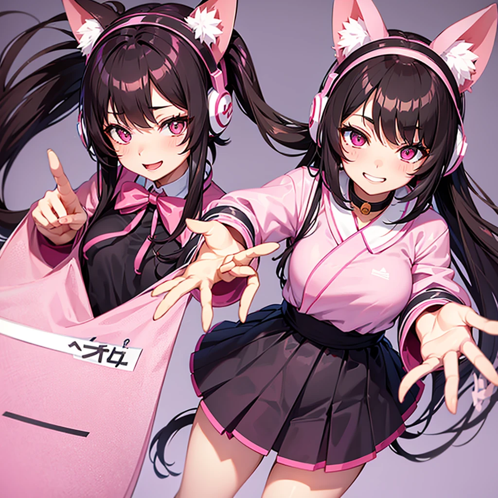 Anime girl, with pink eyes, brunette, standing in school pink japanese clothes, long hair, White background, wearing cat ear headphones, winked, smiling