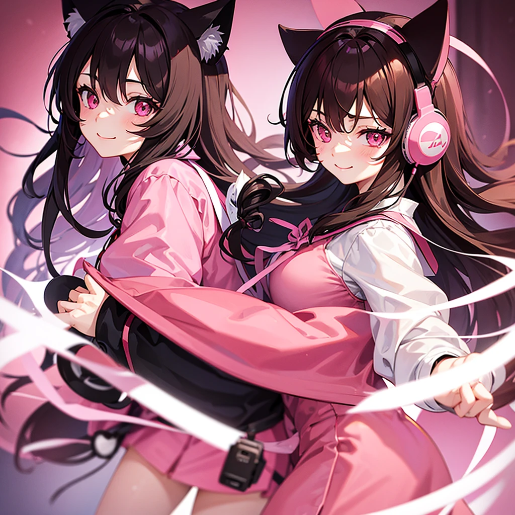 Anime girl, with pink eyes, brunette, standing in school pink japanese clothes, long hair, White background, wearing cat ear headphones, winked, smiling