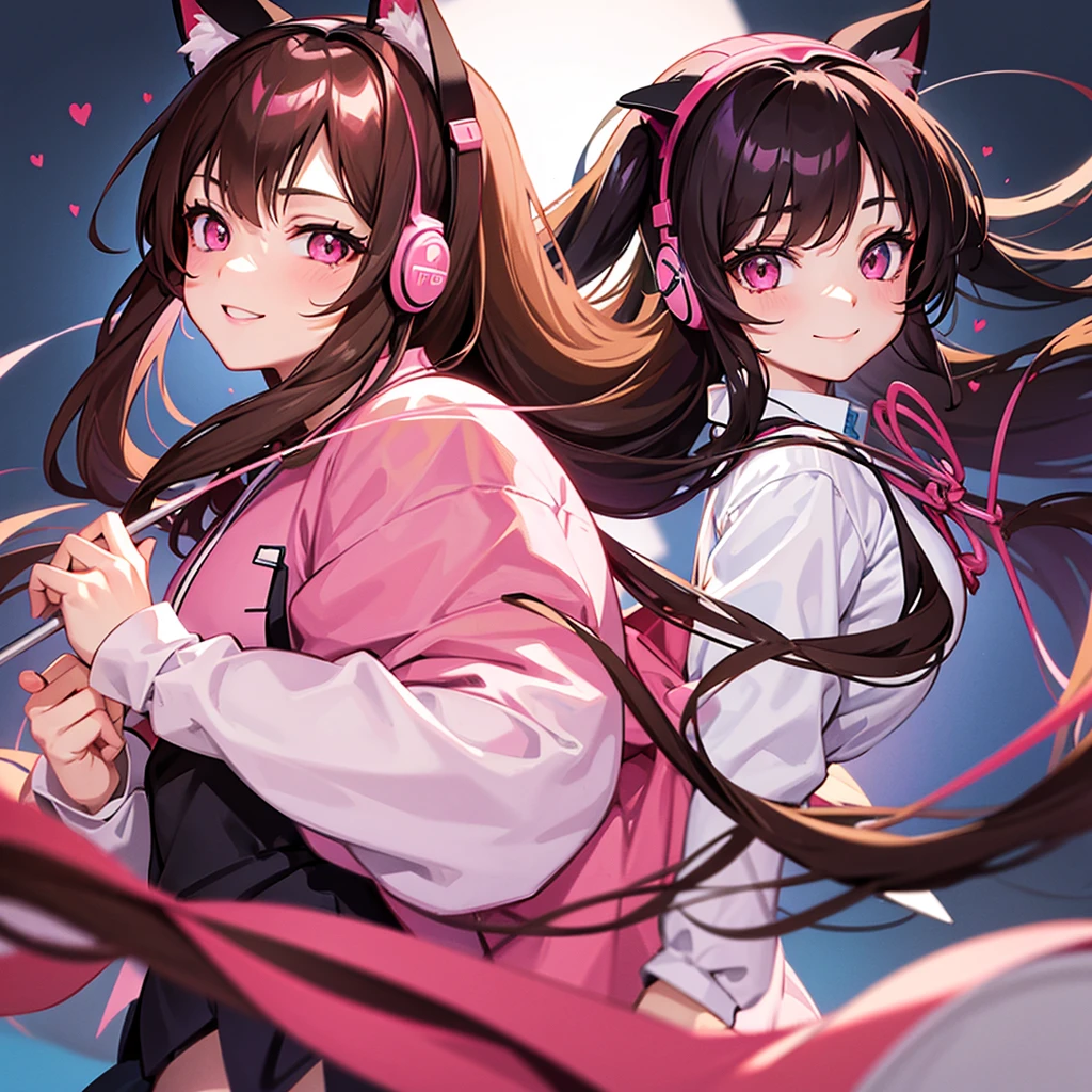 Anime girl, with pink eyes, brunette, standing in school pink japanese clothes, long hair, White background, wearing cat ear headphones, winked, smiling