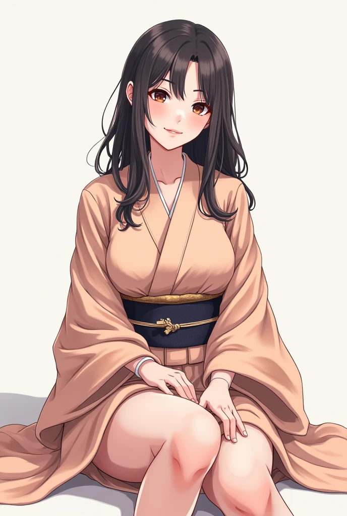 A Japanese woman, drawn, beautiful, sitting freely, ample breasts, good style, glamorous model figure, realistic, dressed in kimono, messy clothes, front view, hostess, married, 20 years old, name is Miki, long hair, beautiful hair, shoulder length hair