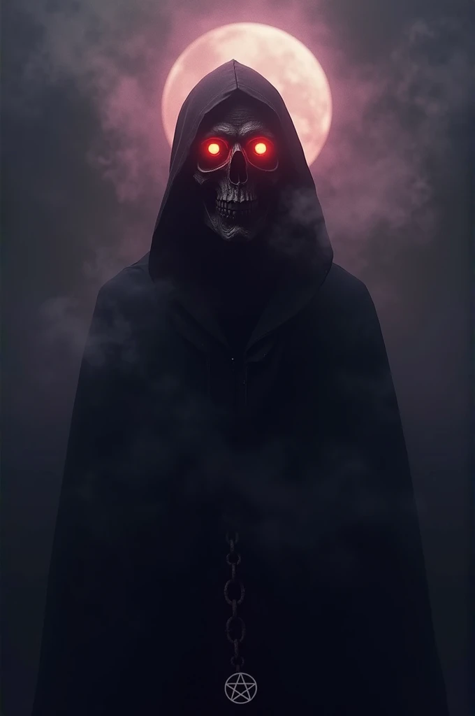 A silhouette image of a skull head with glowing red eyes., wrapped in thick fog which gives a spooky impression. The background is solid black with a touch of dark purple, adds a spooky and mysterious impression. At the bottom of the skull, there is a faint shadow of a pentagram symbol or a rusty chain, reflects horror and mystical elements. A faint glow from the crescent moon in the upper corner provides some illumination, adding to the tense atmosphere.
