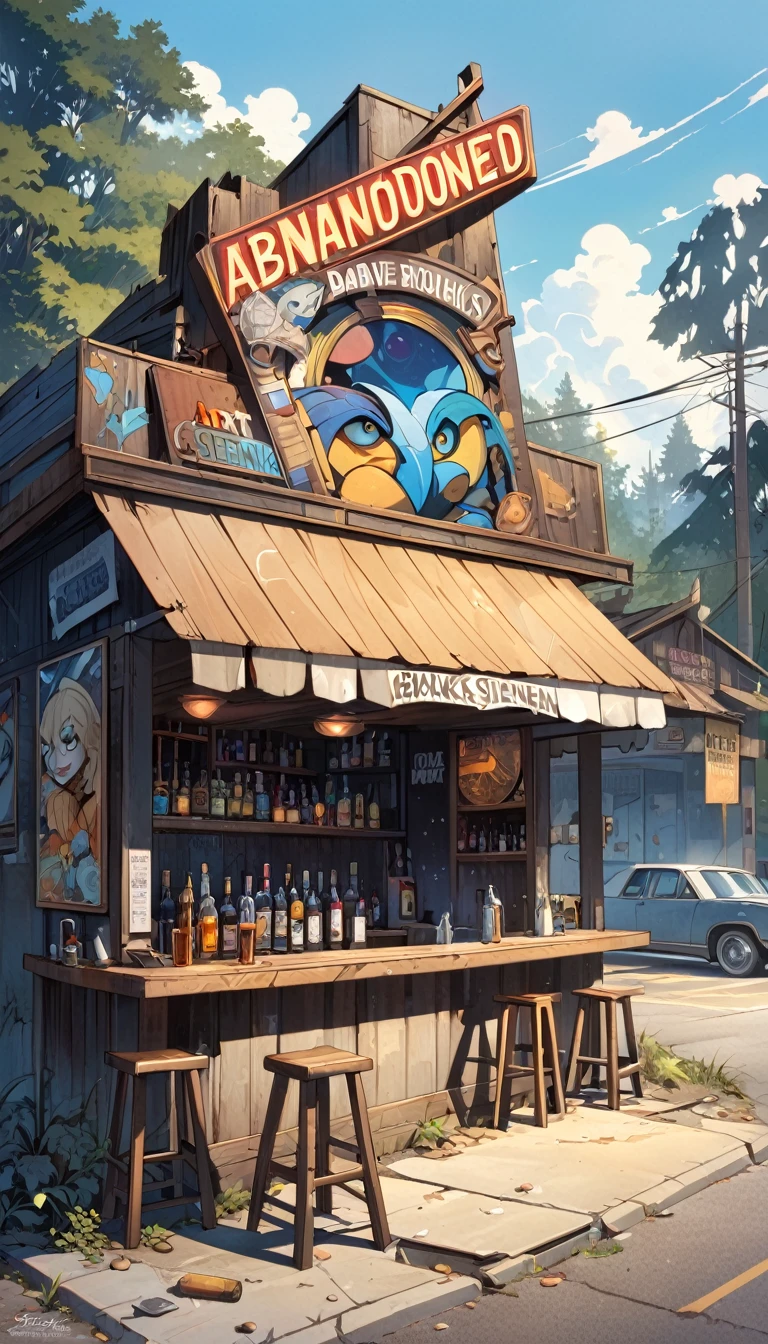abandoned roadside bar, art inspired by Bill Sienkiewicz and Dave Mckean.