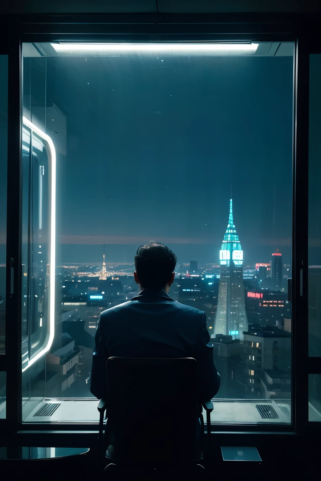 4k image from a 1960s science fiction film by Wes Anderson, Filme O Grande Hotel Budapeste, city with a blue colors vibrant at night through a window, big city retro futuristic neon, blade runner style, Retro-futuristic from the 60s with old robots, Luz Natural, Psicodelia, futurista estranho, retro-futurista, photo-realistic, blurred background, solitude, a misterious man looking in the glass reflection with his back inside an room with a view of a skyscraper, leather armchairs, the protagonist is seen from behind while he watches the story of himself unfold in front of him