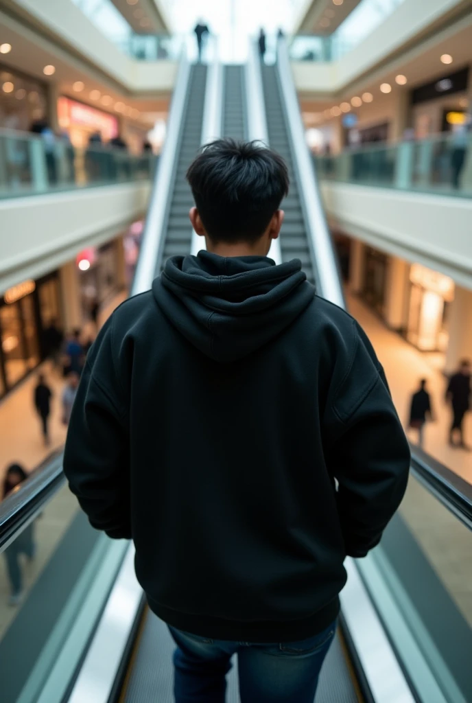 Give me a photo for my Instagram profile in which I want to be (person ) con sudadera subiendo una escalera electrica de un centro comercial y la foto tomada desde atrás de mi de mi espalda yo estoy con una sudadera negra que la person sea un poco morena cabello negro y espalda ancha, una person joven de 18 años y moreno, la foto un poco alejado la person que toma la foto mas lejos, la person que este un poco más gordita, straight hair
