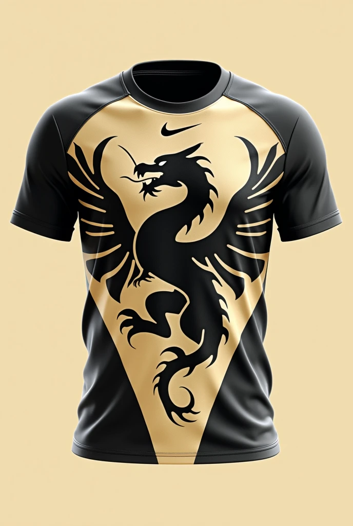 A shirt for an Interclass team uniform in beige and black and with a dragon on beige clothing as the main color and with a shield and the Nike symbol