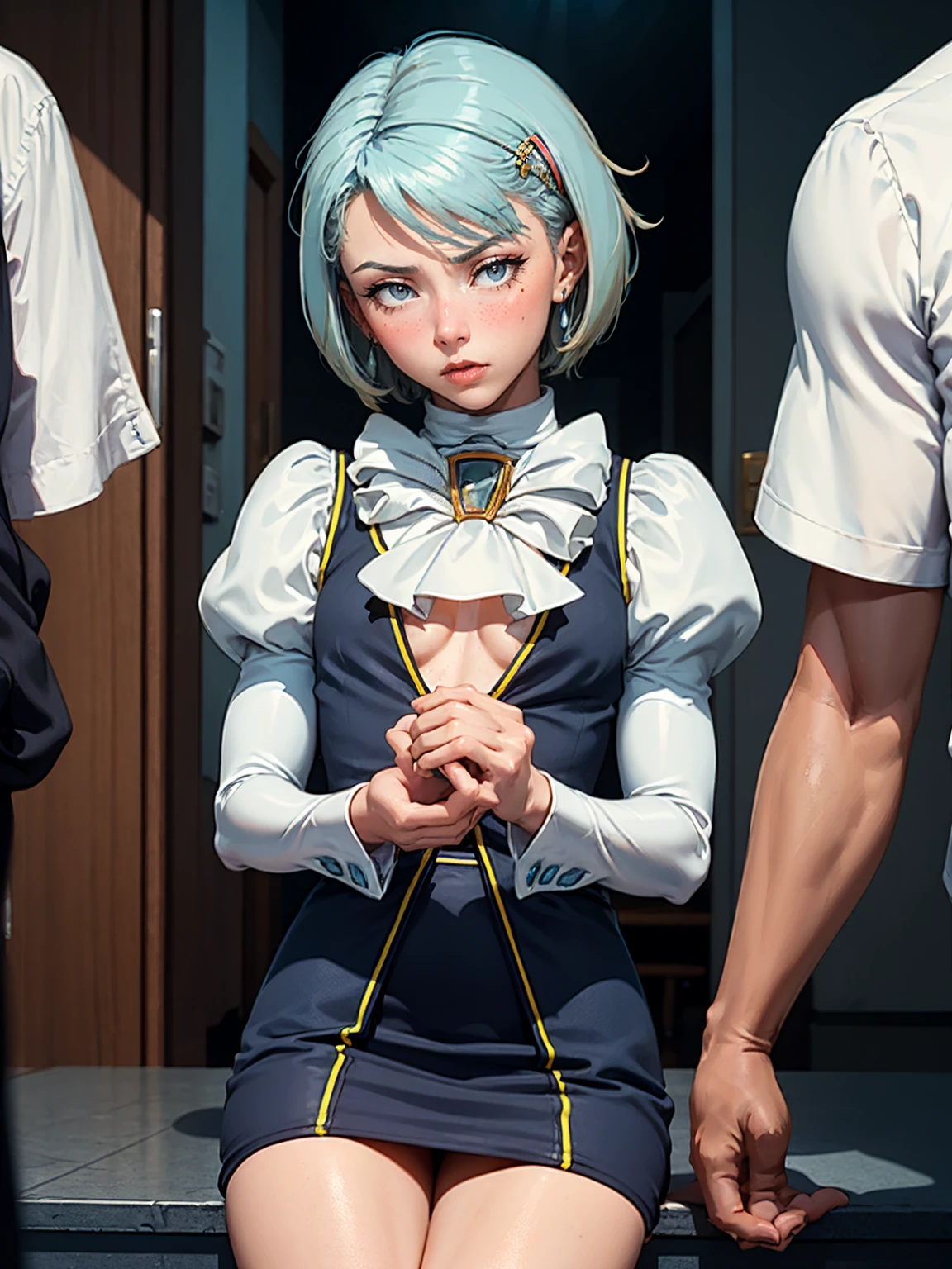 8k, ray tracing, vibrant colors, (aafranziska, light blue hair:1.5), (8 years old:2.0), ascot, (flat chest:1.4), puffy sleeves, pencil skirt, pantyhose, black gloves, jewelry, earrings, slim figure, masterpiece, sharp focus, Best Quality, depth of field, cinematic lighting, very detailed clothes, (condom belt, condom hair ornament:1.2), ((so embarrassed, blush)), elbow gloves, Perfect eyes, perfect hair, Rich in details and textures, masterpiece, Best Quality, beautiful girl, Sun light, chiaroscuro, (perfect hands:0.7, Clean hands:0.7), ((((Professional photography)))), ((Dream)), Whole body