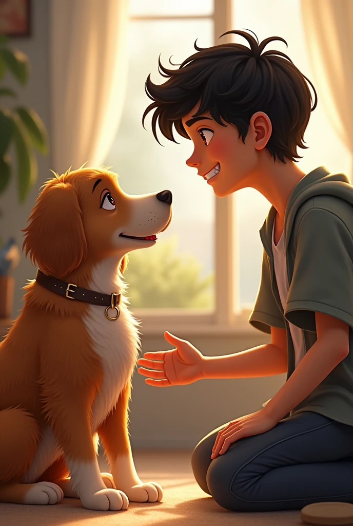 19 year old dark haired boy introducing himself to his dog