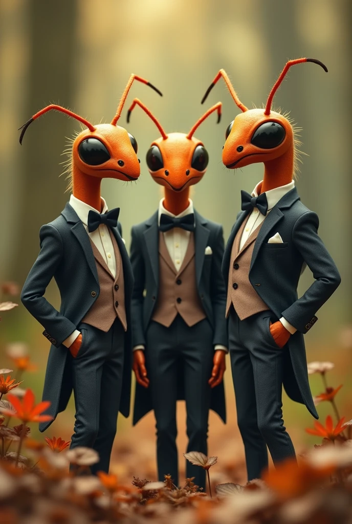 3 ants in fancy english suits socializing in their colony as a serious unrealistic meme