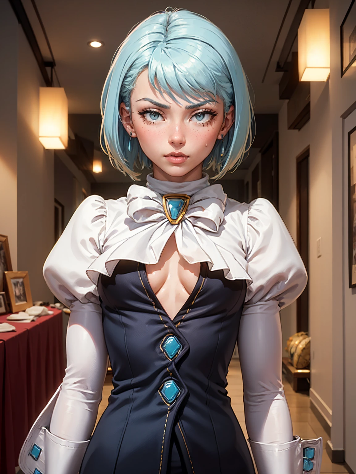 8k, ray tracing, vibrant colors, (aafranziska, light blue hair:1.5), (8 :2.0), ascot, (flat chest:1.4), puffy sleeves, pencil skirt, pantyhose, black gloves, jewelry, earrings, slim figure, masterpiece, sharp focus, Best Quality, depth of field, cinematic lighting, very detailed clothes, (condom belt, condom hair ornament:1.2), ((so embarrassed, blush)), elbow gloves, Perfect eyes, perfect hair, Rich in details and textures, masterpiece, Best Quality, beautiful girl, Sun light, chiaroscuro, (perfect hands:0.7, Clean hands:0.7), ((((Professional photography)))), ((Dream)), Whole body