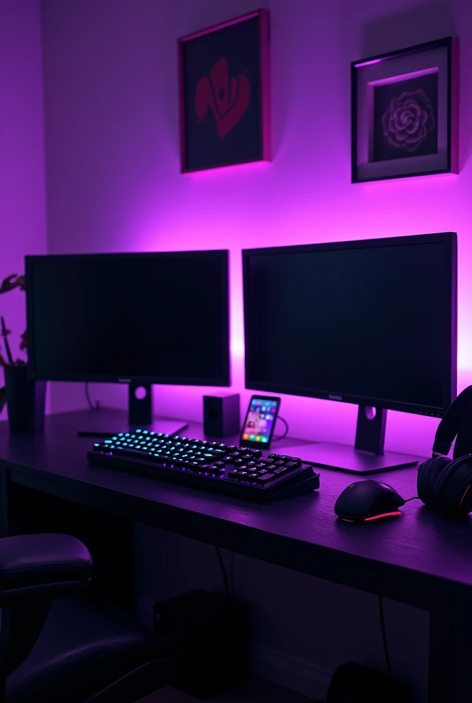 pc gamer, 2 black monitors, gaming keyboard, 1 mouse, headphones, gabinete gamer.
rgb violet.
