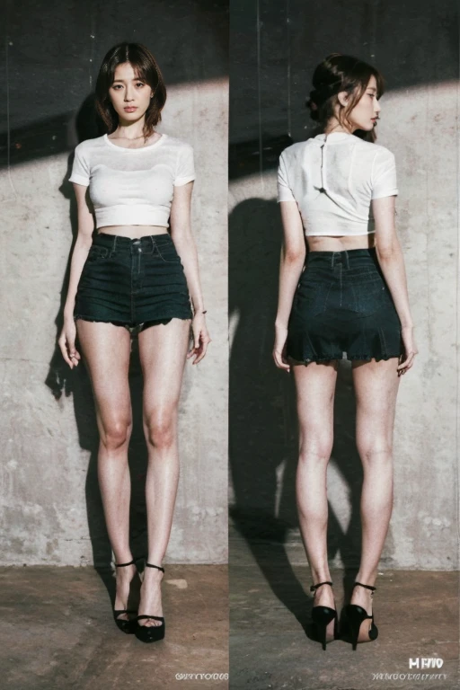 (Original Photography:1.3) ((Ultra HD,8k, best quality)) (Character Design Sheet, Same role, front, side, Back, There is text written around), Mature woman, Stylish hairstyle, Exquisite eyes, Wearing a transparent T-shirt, Short skirt,Long legs,High heel