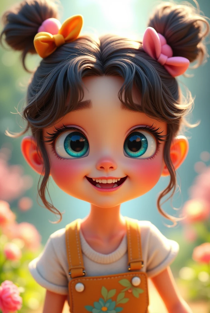 I want you to create a character with fun emotions she has to be cute she will be white with blue eyes 