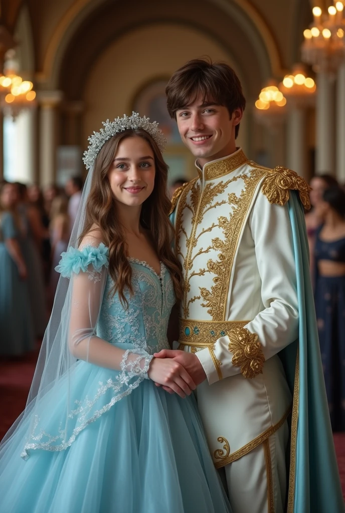 girl with a 15 year old dress is long and voluminous, it is light blue with long mesh sleeves and blue eyes and brown hair, she will be in a large room with many guests and her boyfriend who will be dressed as a prince and will be holding the girl's hand, he will have brown hair and green eyes, he will be smiling just like the girl, there will be good lighting, a realistic image