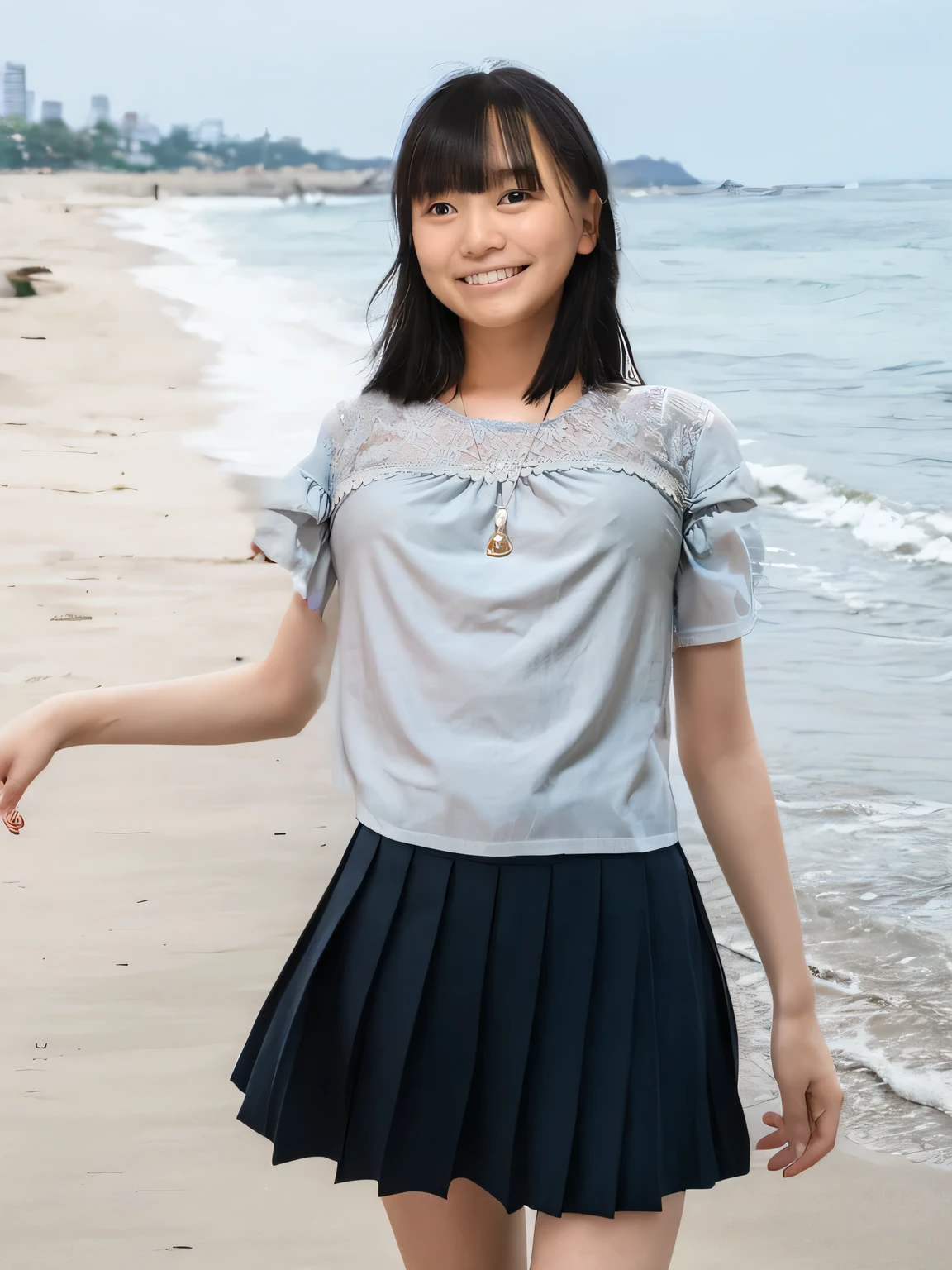masterpiece,Highest quality(8k),Highest quality,masterpiece:1.2)、(Real、Photorealistic:1.37),Super detailed,A woman looking at the camera on the beach at Enoshima,Wearing a short-sleeved top,Black pleated skirt,barefoot,barefoot,Posing for a photo,Distant scenery is blurry