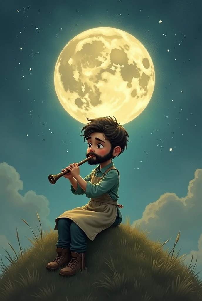 Young boy with beard playing flute sitting at top of hill on a full moon stary sky asthetic painting wearing doctor apron