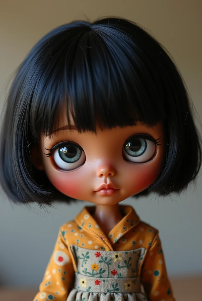 blythe doll with short black hair, lots of sardines and brown skin