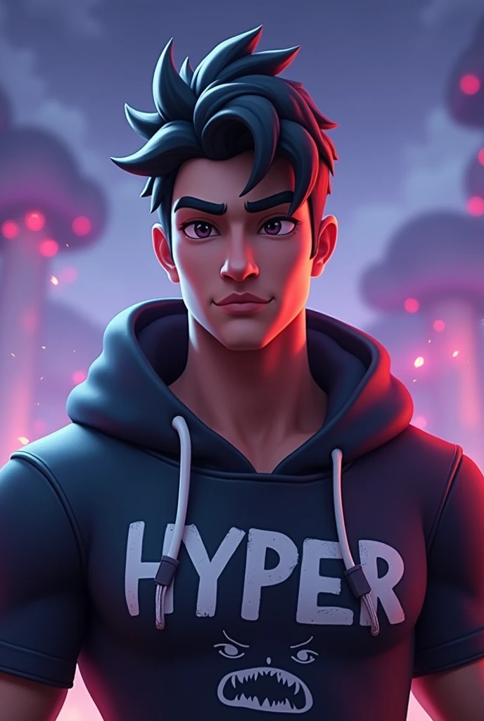 Fortnite Background with Male Fortnite Figure, Bblack hair, masculine face, with Hyper written on the shirt and a symbol of an animal bite on the shirt
